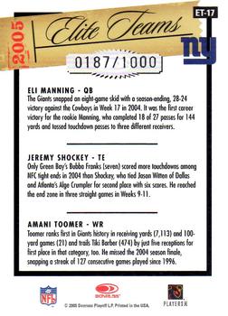 2005 Donruss Elite - Elite Teams Silver #ET-17 Eli Manning / Jeremy Shockey / Amani Toomer Back