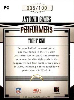 2005 Donruss Gridiron Gear - Performers Gold Holofoil #P-2 Antonio Gates Back