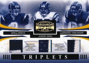 2005 Donruss Gridiron Gear - Triplets Jerseys Name Plate #T-13 Drew Brees / Junior Seau / LaDainian Tomlinson Front