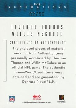 2005 Donruss Throwback Threads - Generations Material #G-25 Thurman Thomas / Willis McGahee Back