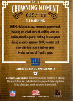 2005 Donruss Throwback Threads - Gridiron Kings Framed Blue #GK-13 Eli Manning Back
