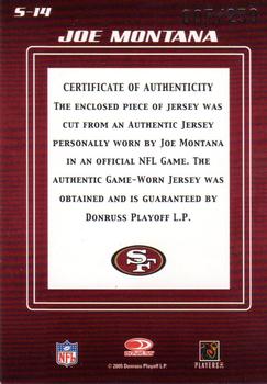 2005 Donruss Zenith - Spellbound Jerseys #S-14 Joe Montana Back