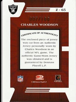 2005 Donruss Zenith - Z-Jerseys Prime #Z-65 Charles Woodson Back