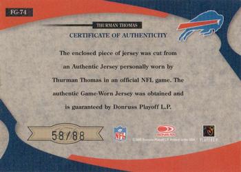2005 Leaf Certified Materials - Fabric of the Game Debut Year #FG-74 Thurman Thomas Back