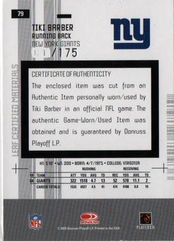 2005 Leaf Certified Materials - Mirror White Materials #79 Tiki Barber Back