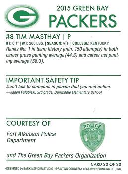 2015 Green Bay Packers Police - Fort Atkinson Police Department #20 Tim Masthay Back