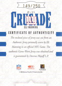 2005 Leaf Rookies & Stars - Crusade Materials #C-11 Eli Manning Back