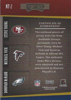 2005 Playoff Absolute Memorabilia - National Treasures Jerseys #NT-2 Steve Young / Michael Vick / Donovan McNabb Back