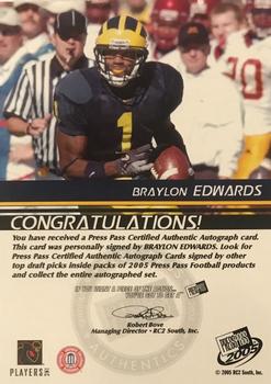 2005 Press Pass - Autographs Blue #NNO Braylon Edwards Back