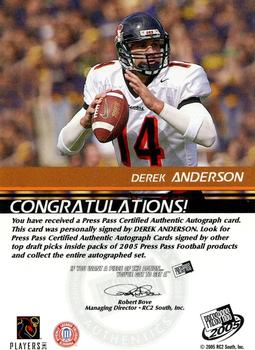 2005 Press Pass - Autographs Bronze #NNO Derek Anderson Back