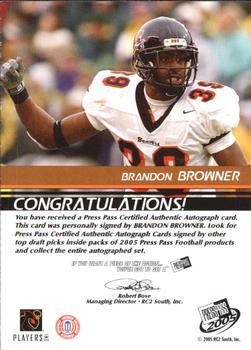 2005 Press Pass - Autographs Bronze #NNO Brandon Browner Back