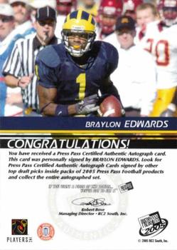 2005 Press Pass - Autographs Bronze #NNO Braylon Edwards Back