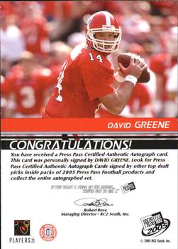 2005 Press Pass - Autographs Bronze #NNO David Greene Back