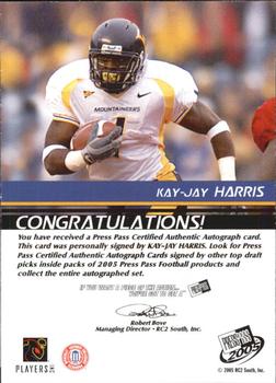 2005 Press Pass - Autographs Bronze #NNO Kay-Jay Harris Back