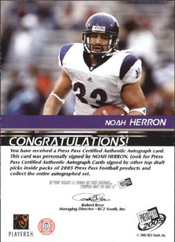 2005 Press Pass - Autographs Bronze #NNO Noah Herron Back