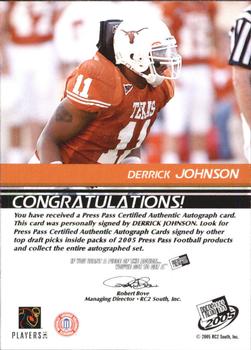 2005 Press Pass - Autographs Bronze #NNO Derrick Johnson Back