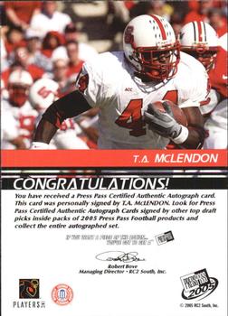 2005 Press Pass - Autographs Bronze #NNO T.A. McLendon Back