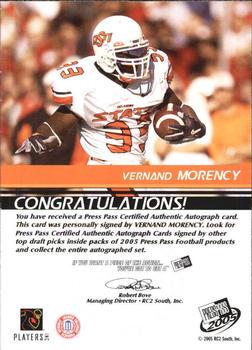 2005 Press Pass - Autographs Bronze #NNO Vernand Morency Back