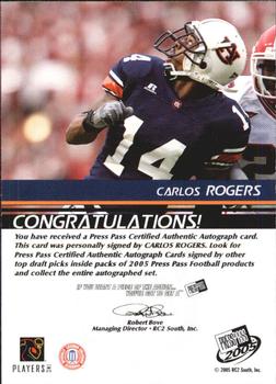 2005 Press Pass - Autographs Bronze #NNO Carlos Rogers Back
