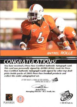 2005 Press Pass - Autographs Bronze #NNO Antrel Rolle Back