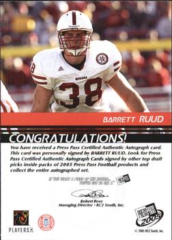 2005 Press Pass - Autographs Bronze #NNO Barrett Ruud Back
