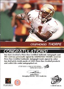2005 Press Pass - Autographs Bronze #NNO Craphonso Thorpe Back