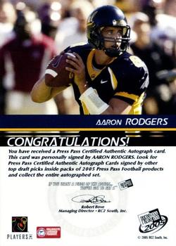 2005 Press Pass - Autographs Gold #NNO Aaron Rodgers Back