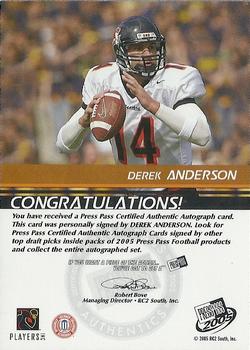 2005 Press Pass - Autographs Silver #NNO Derek Anderson Back
