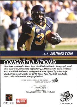 2005 Press Pass - Autographs Silver #NNO J.J. Arrington Back