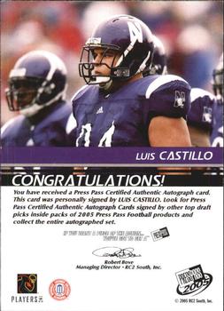 2005 Press Pass - Autographs Silver #NNO Luis Castillo Back