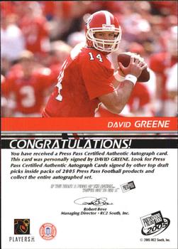 2005 Press Pass - Autographs Silver #NNO David Greene Back