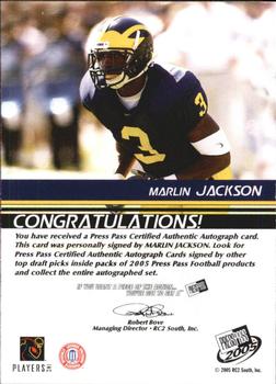2005 Press Pass - Autographs Silver #NNO Marlin Jackson Back