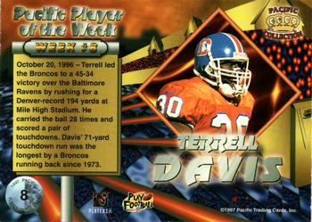 1997 Pacific Dynagon Prism - Player of the Week #8 Terrell Davis Back