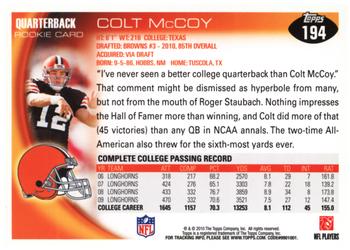 2010 Topps - Rookies (Target) #194 Colt McCoy Back
