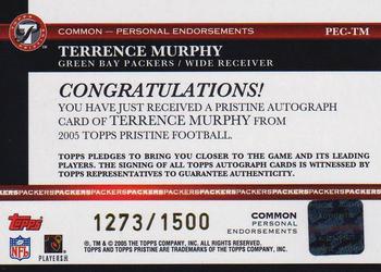 2005 Topps Pristine - Personal Endorsements Autographs #PEC-TM Terrence Murphy Back