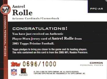 2005 Topps Pristine - Personal Pieces Common #PPC-AR Antrel Rolle Back