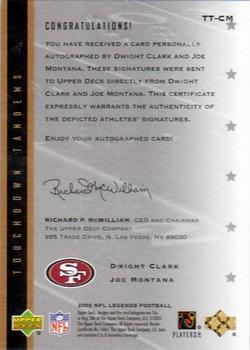 2005 Upper Deck Legends - Touchdown Tandems Autographs #TT-CM Dwight Clark / Joe Montana Back