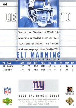 2005 Upper Deck Rookie Debut - Blue #64 Eli Manning Back