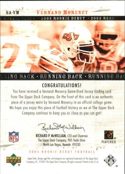 2005 Upper Deck Rookie Debut - Saturday Swatches #SA-VM Vernand Morency Back