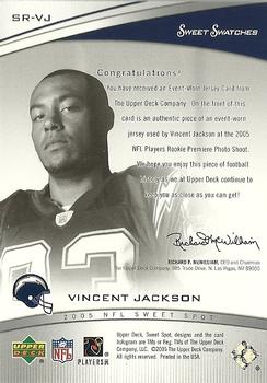 2005 Upper Deck Sweet Spot - Rookie Sweet Swatches #SR-VJ Vincent Jackson Back