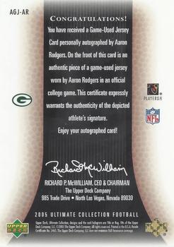 2005 Upper Deck Ultimate Collection - Game Jersey Autographs #AGJ-AR Aaron Rodgers Back