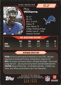 2006 Bowman - Blue #52 Roy Williams Back
