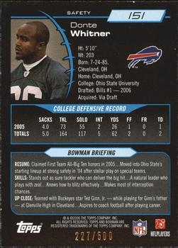 2006 Bowman - Blue #151 Donte Whitner Back