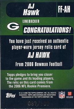 2006 Bowman - Fabric of the Future Gold #FF-AH A.J. Hawk Back