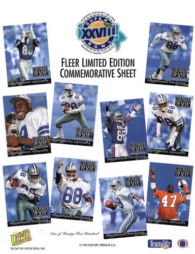 1994 Fleer Super Bowl XXVIII Limited Edition Commemorative Sheet #NNO Steve Young / Michael Irvin Back