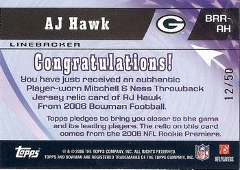 2006 Bowman - Rookie Rewind Jerseys Gold #BRR-AH A.J. Hawk Back