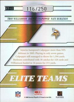 2006 Donruss Elite - Elite Teams Gold #ET-12 Troy Williamson / Daunte Culpepper / Nate Burleson Back
