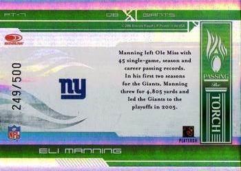 2006 Donruss Elite - Passing the Torch Green #PT-7 Eli Manning Back
