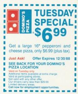 1988 Domino's Pizza Seattle Seahawks - Coupons #NNO $6.99 Coupon (Tuesday Special) Front