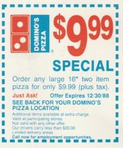 1988 Domino's Pizza Seattle Seahawks - Coupons #NNO $9.99 Coupon (Special) Front